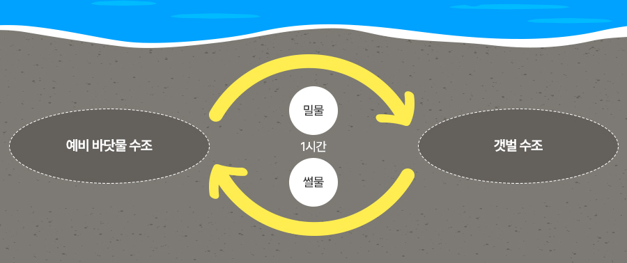 예비 바닷물 수조에서 1시간 간격을 두고 밀물과 썰물처럼 만드는 갯벌수조 원리 이미지