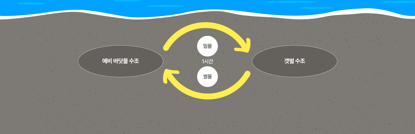 바닷물 수조와 갯벌, 배수로가 연결되어 일정 간격으로 물을 넣고 빼며 밀물과 썰물을 흉내 내는 갯벌수조 원리 도식